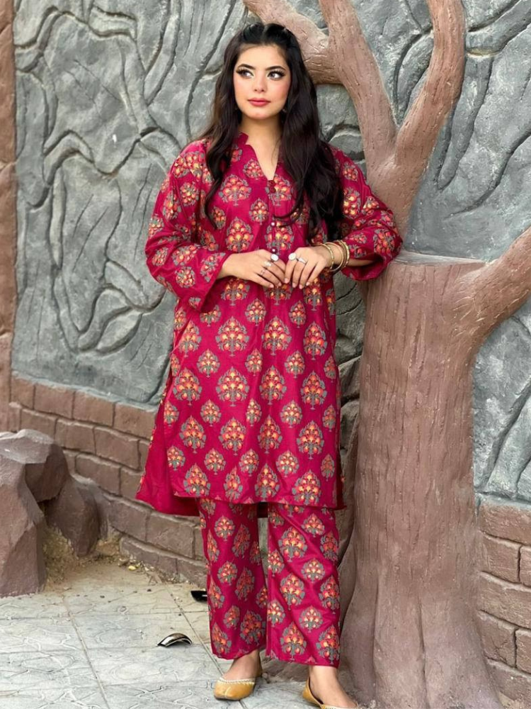 2 Pcs Womens Stiched linen Printed Suit