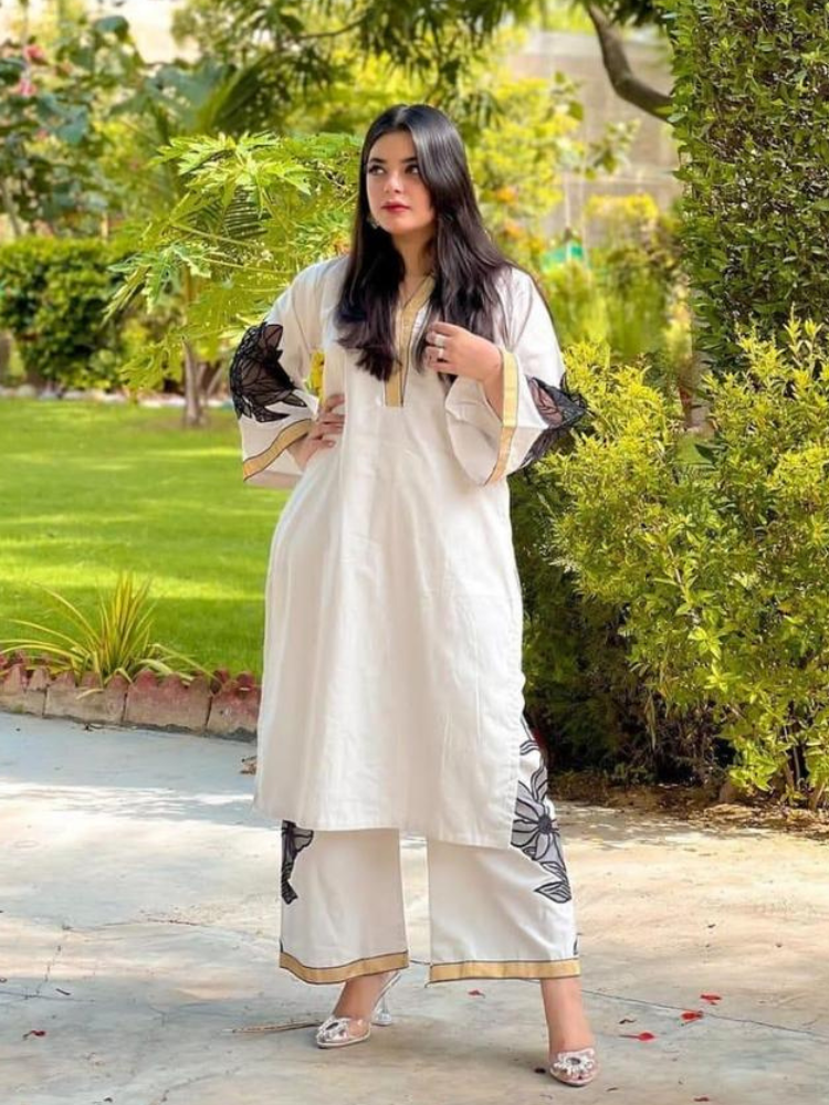 2 Pcs women's stitched Linen Embroidered Shirt And Trouser